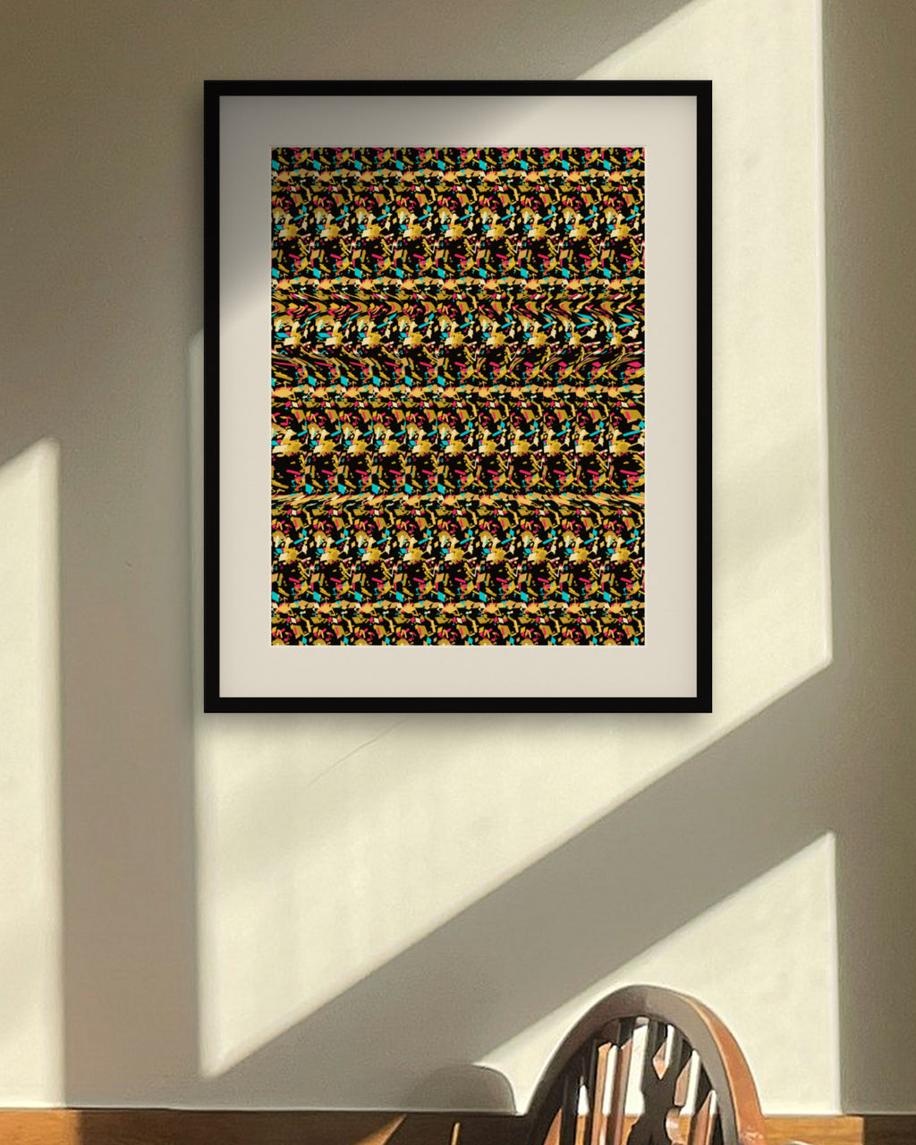 Block Party Boombox hidden 3D art print, framed in a sunlit dining nook