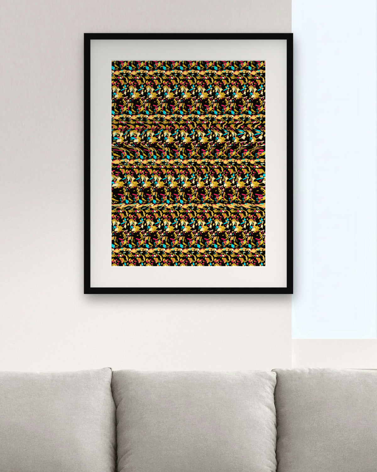 Block Party Boombox hidden 3D art print, framed in a modern living room