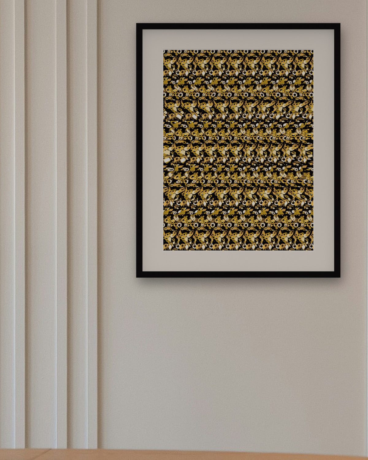 Floating Orb in Orbit hidden 3D art print, framed in a panelled dining room