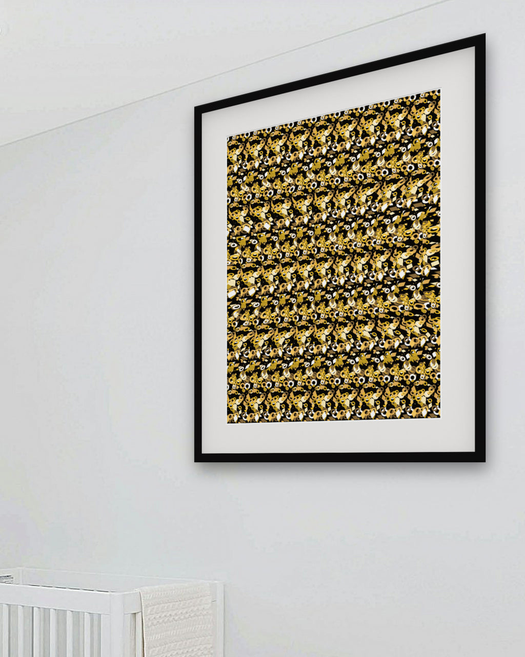 Floating Orb in Orbit hidden 3D art print, framed in a bright kids' room
