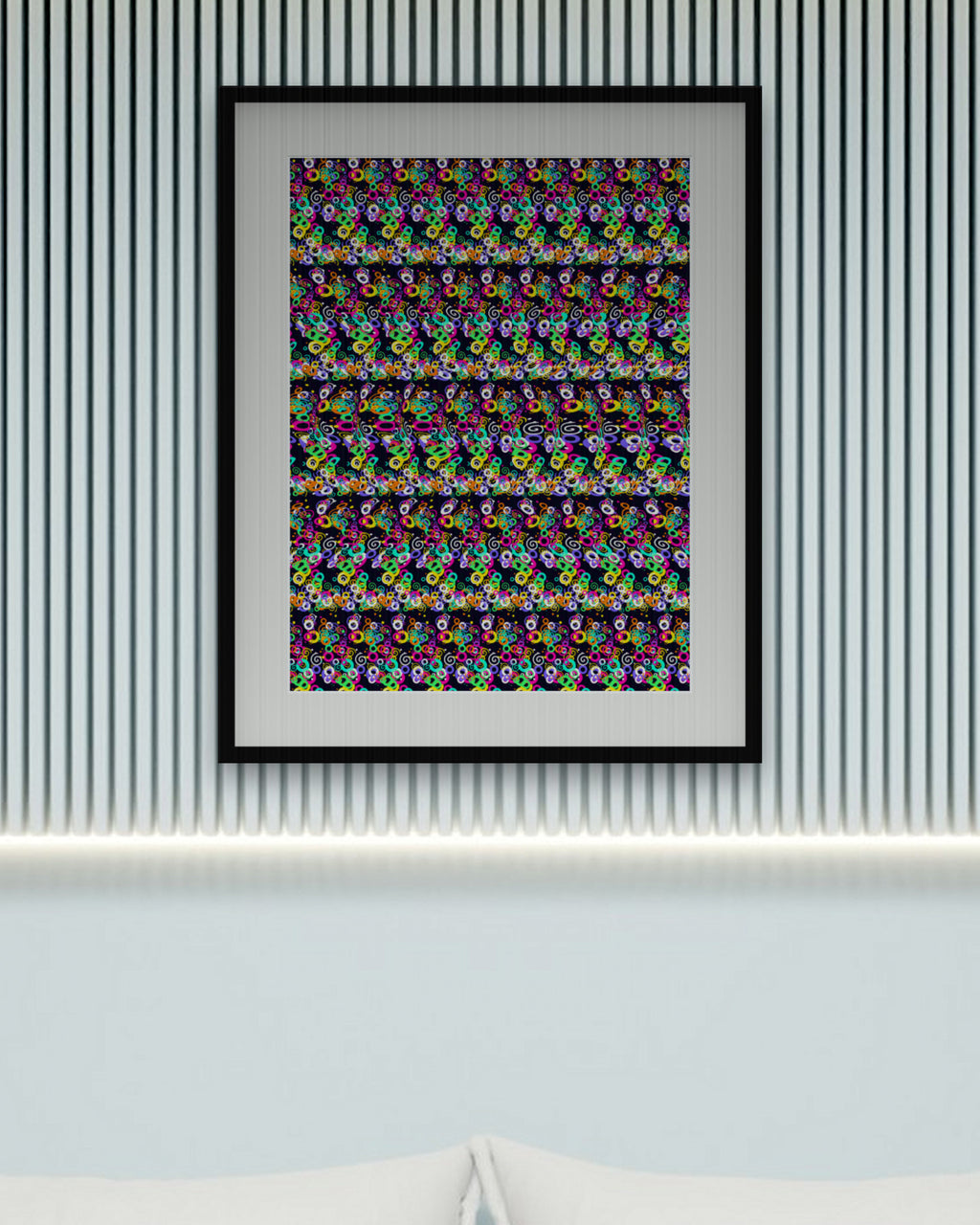 Endless Spiral Illusion hidden 3D art print, framed in a calm bedroom