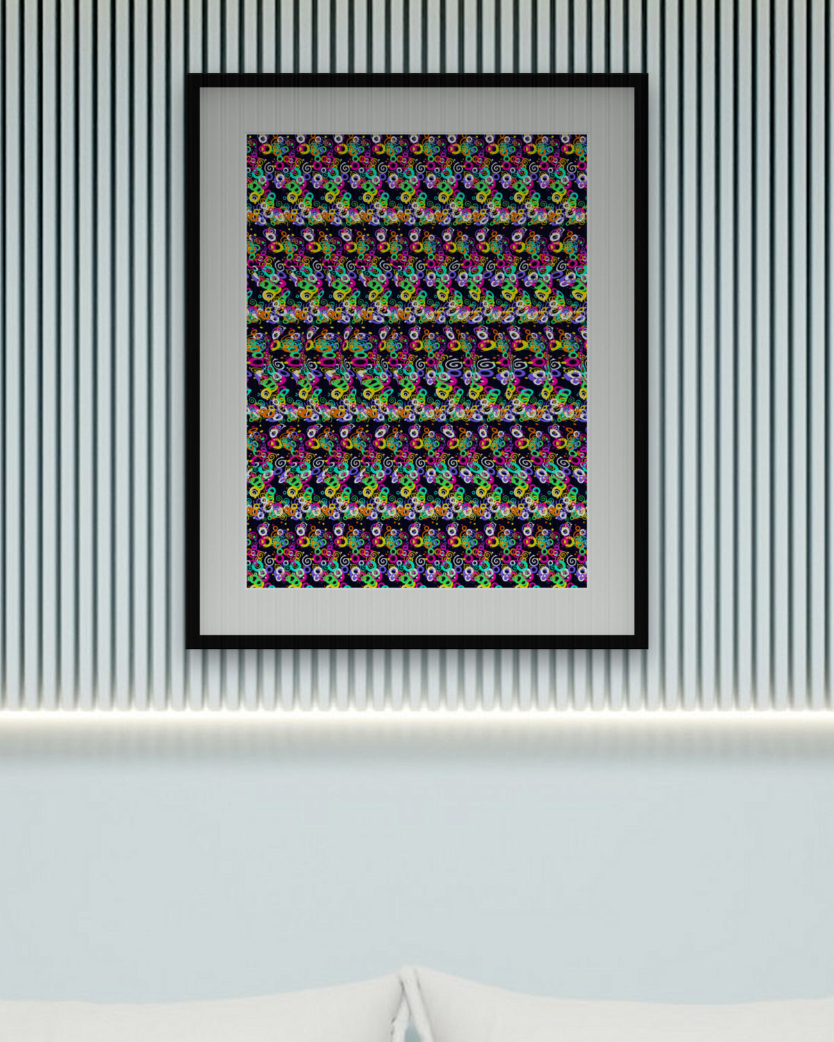 Endless Spiral Illusion hidden 3D art print, framed in a calm bedroom