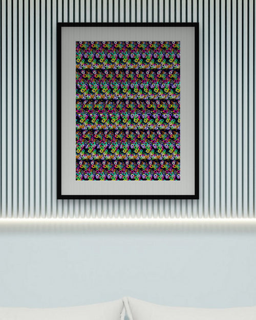 Endless Spiral Illusion hidden 3D art print, framed in a calm bedroom