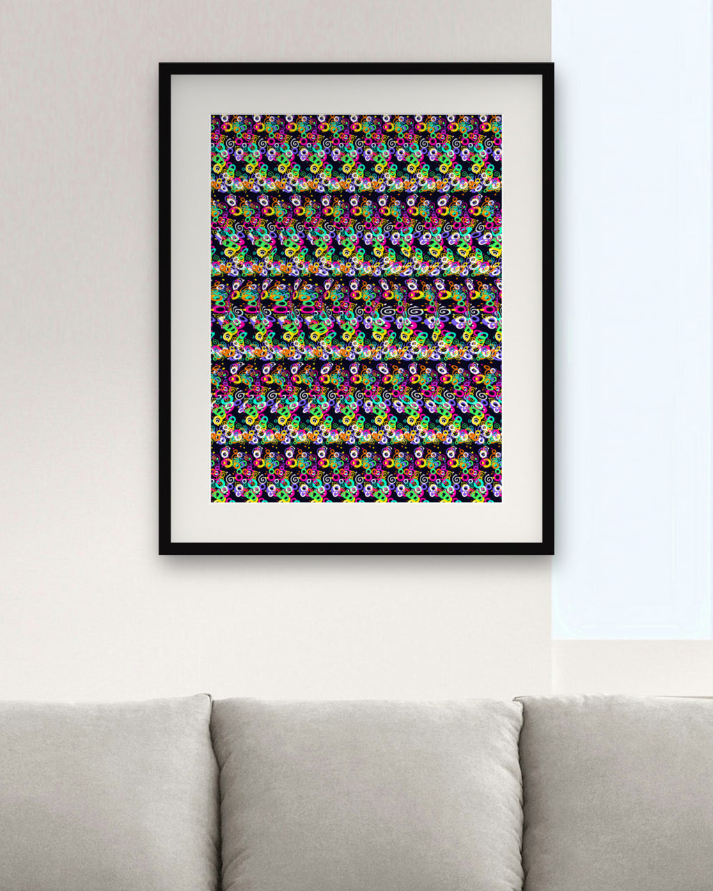 Endless Spiral Illusion hidden 3D art print, framed in a modern living room
