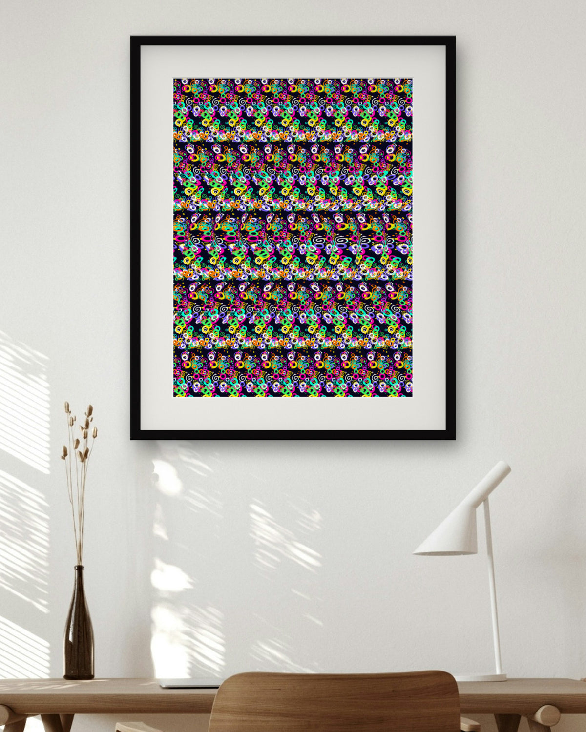 Endless Spiral Illusion hidden 3D art print, framed in a home office