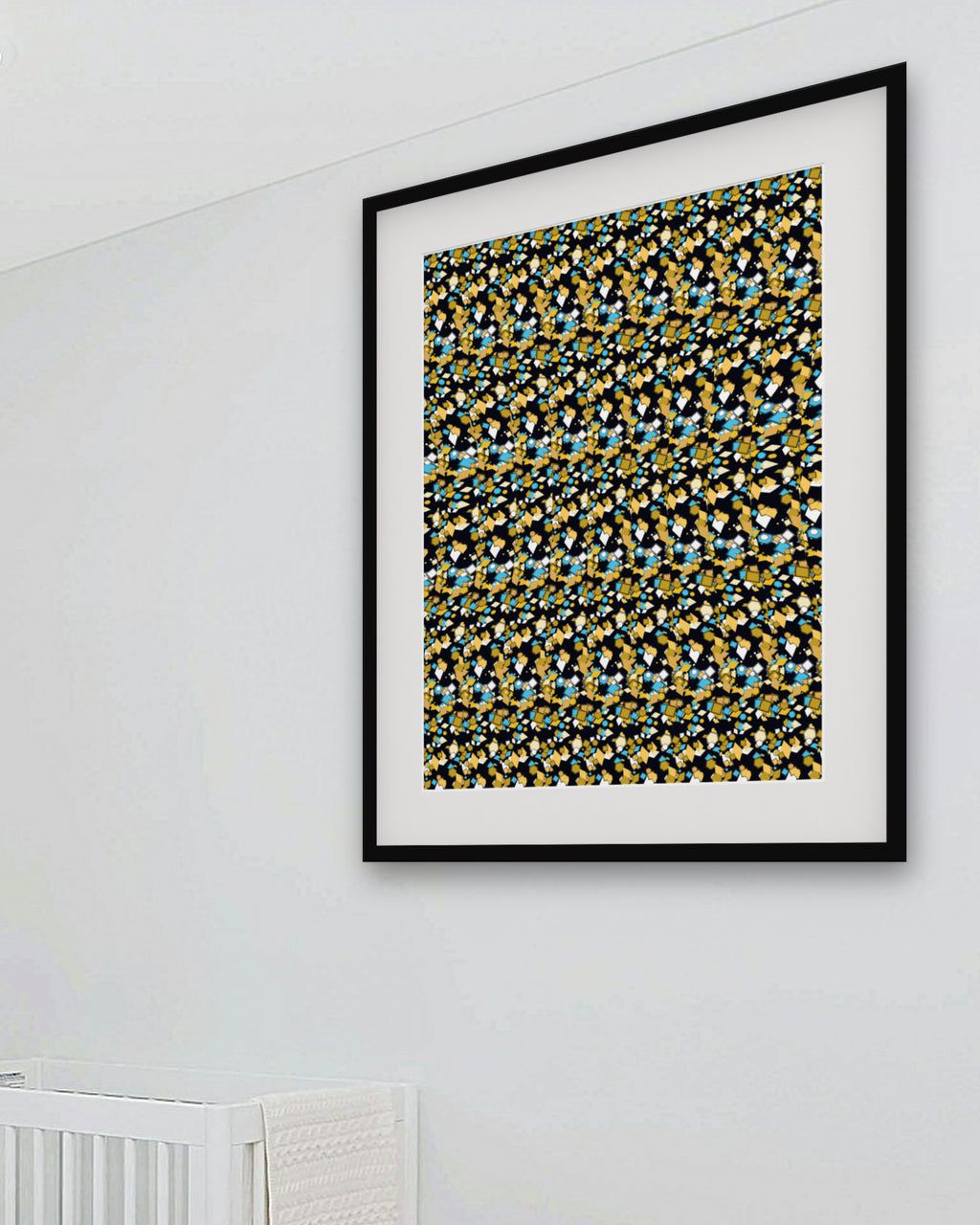 Nested Cubes Paradox hidden 3D art print, framed in a bright kids' room