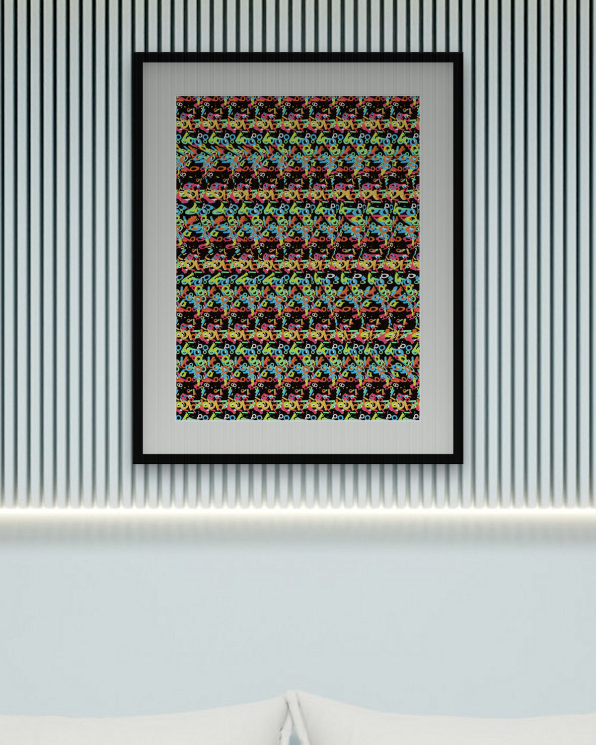 Match Point Tennis Racket hidden 3D art print, framed in a calm bedroom