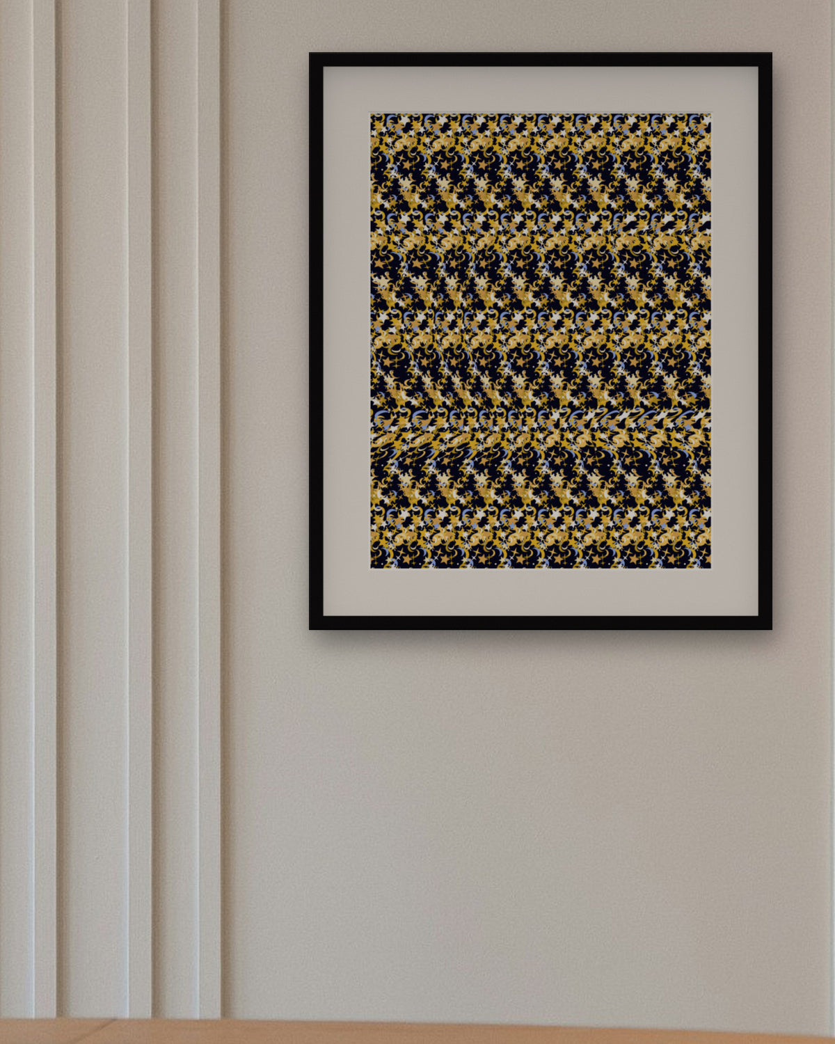 Crescent Moon Dreams hidden 3D art print, framed in a panelled dining room