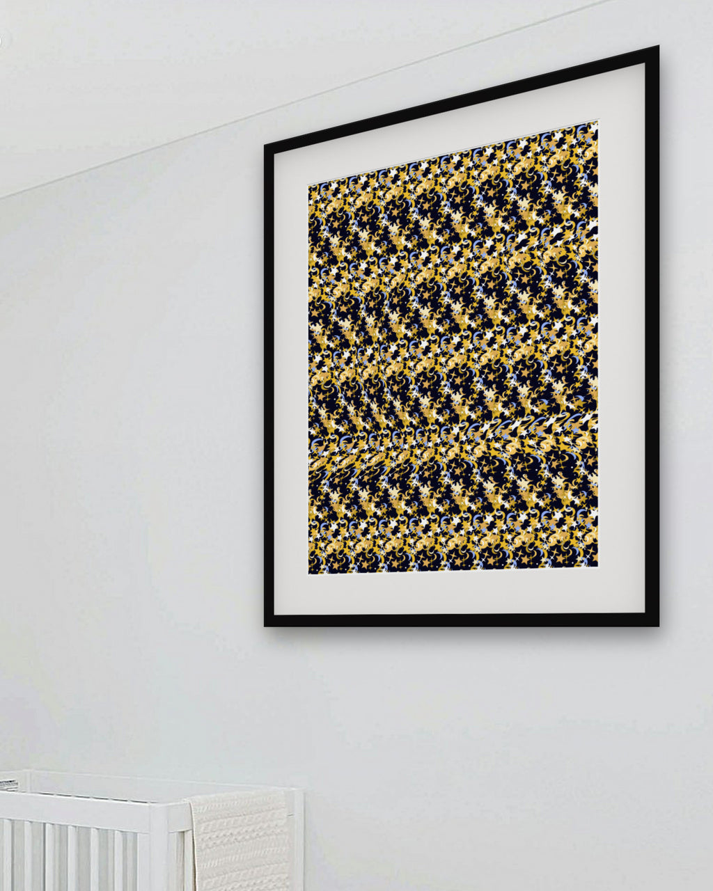 Crescent Moon Dreams hidden 3D art print, framed in a bright kids' room