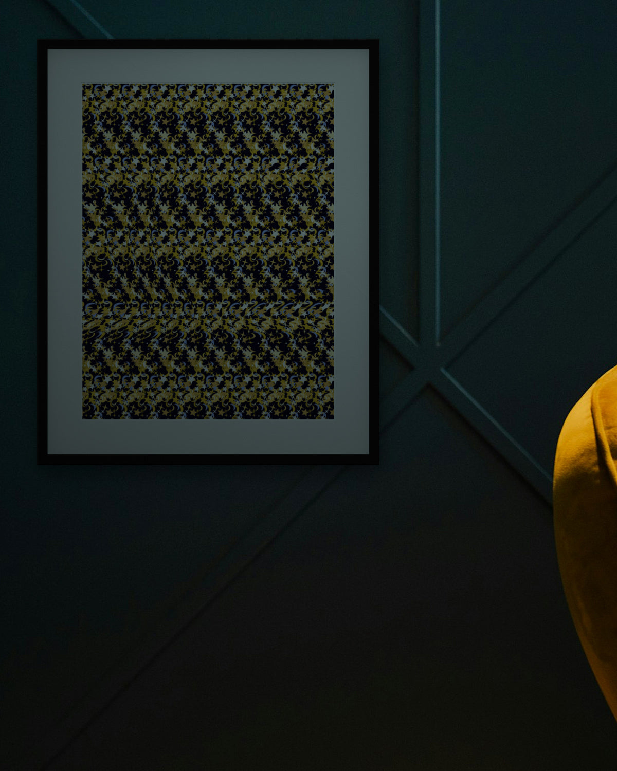 Crescent Moon Dreams hidden 3D art print, framed in a dark luxury lounge