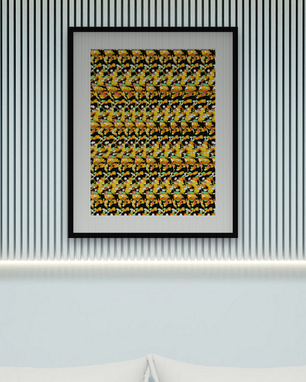 Sunflower Sunrise Reveal hidden 3D art print, framed in a calm bedroom