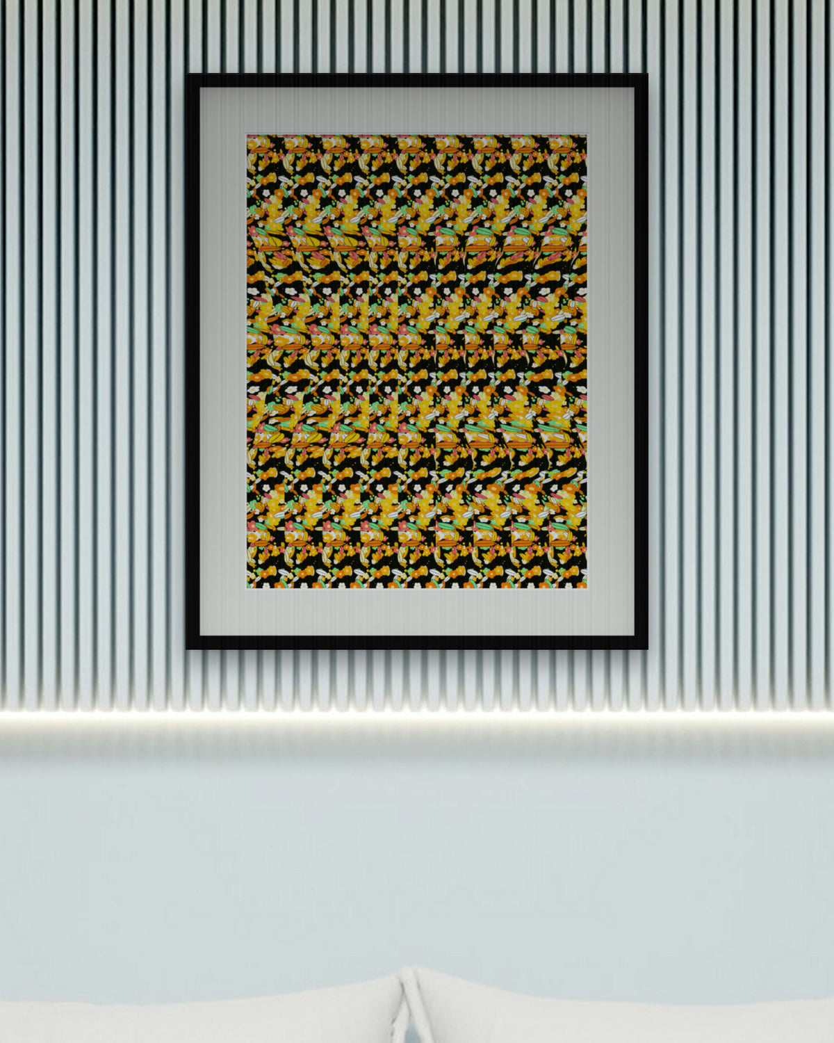 Sunflower Sunrise Reveal hidden 3D art print, framed in a calm bedroom
