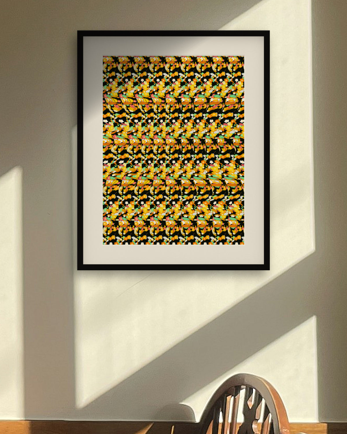 Sunflower Sunrise Reveal hidden 3D art print, framed in a sunlit dining nook
