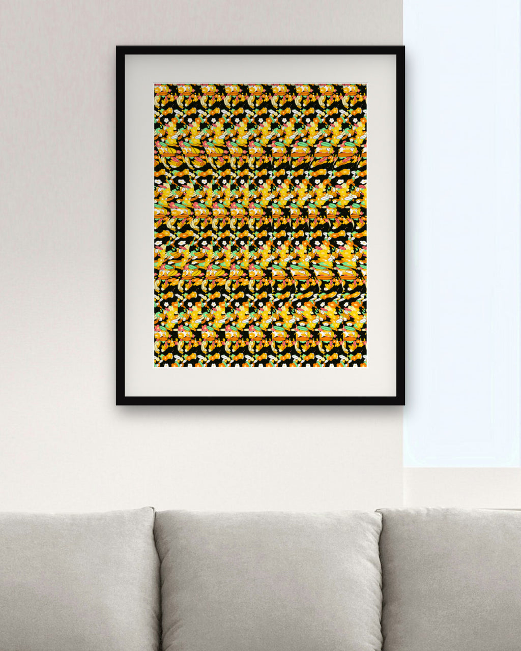 Sunflower Sunrise Reveal hidden 3D art print, framed in a modern living room