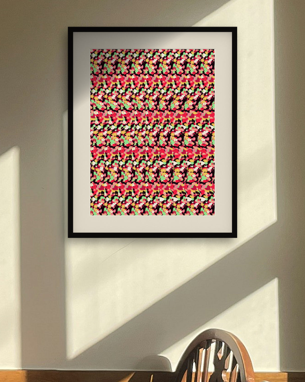 Secret Rose Bloom hidden 3D art print, framed in a sunlit dining nook