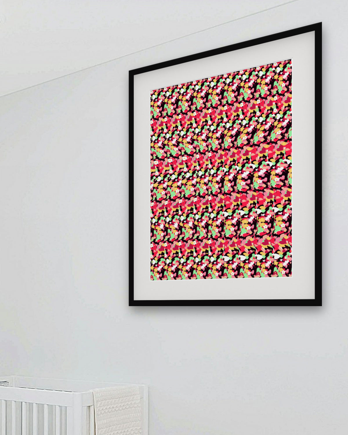 Secret Rose Bloom hidden 3D art print, framed in a bright kids' room