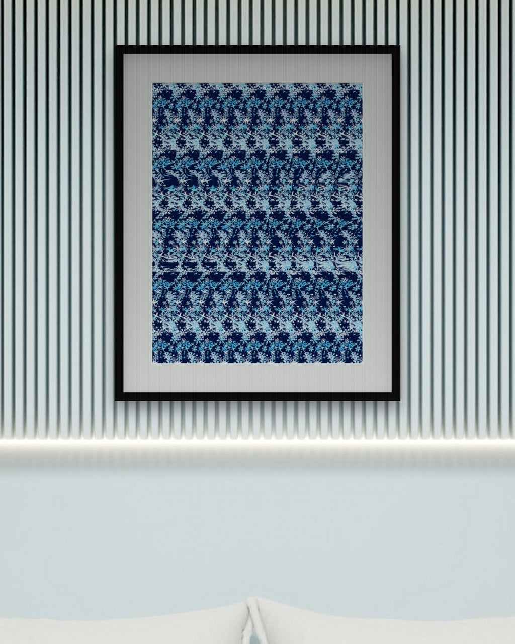 First Frost Snowflake hidden 3D art print, framed in a calm bedroom