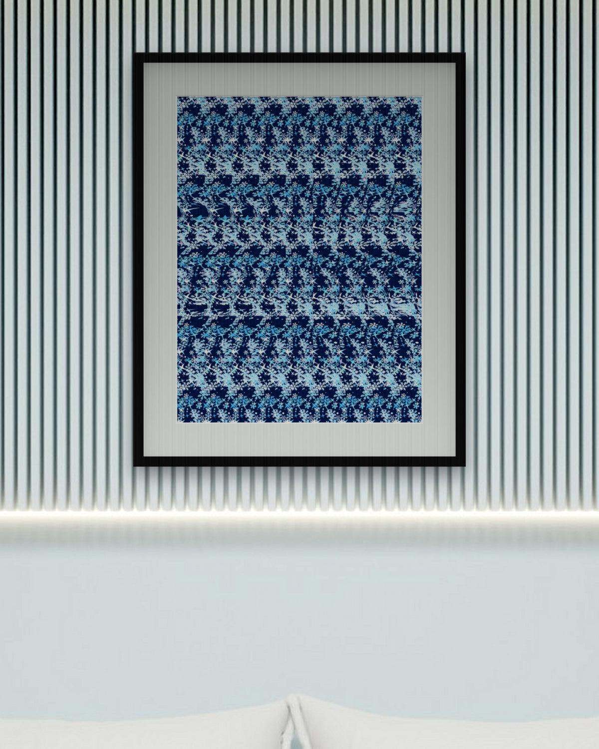 First Frost Snowflake hidden 3D art print, framed in a calm bedroom