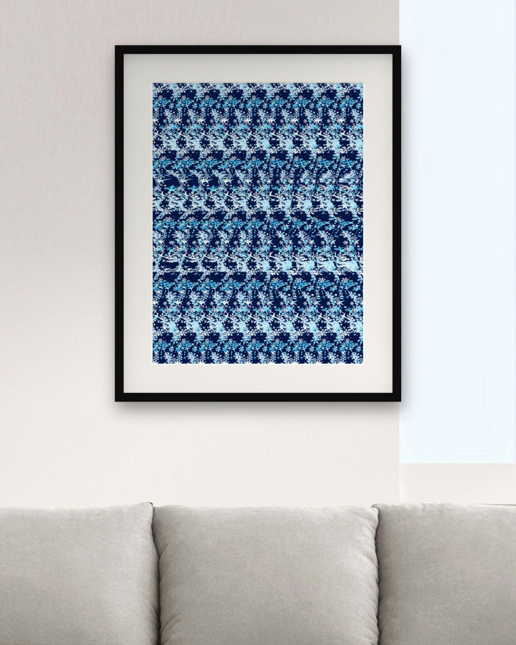 First Frost Snowflake hidden 3D art print, framed in a modern living room