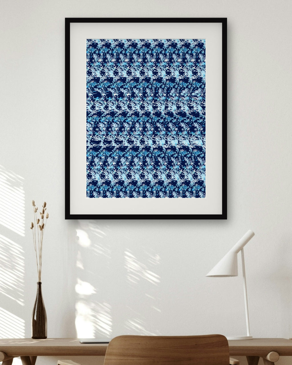 First Frost Snowflake hidden 3D art print, framed in a home office