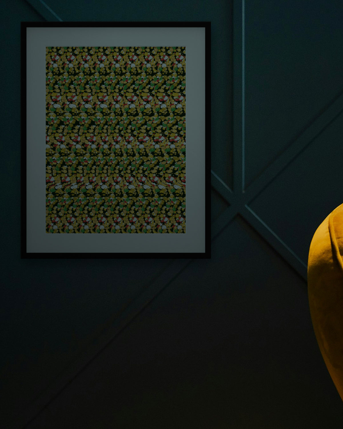 Starlit Christmas Tree hidden 3D art print, framed in a dark luxury lounge