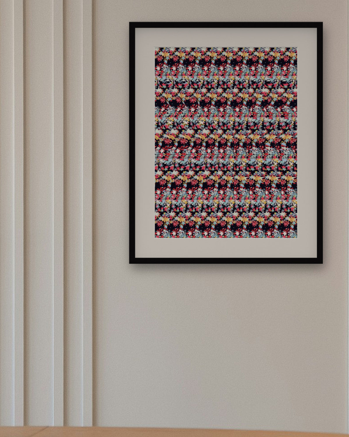Midnight Reindeer Reveal hidden 3D art print, framed in a panelled dining room