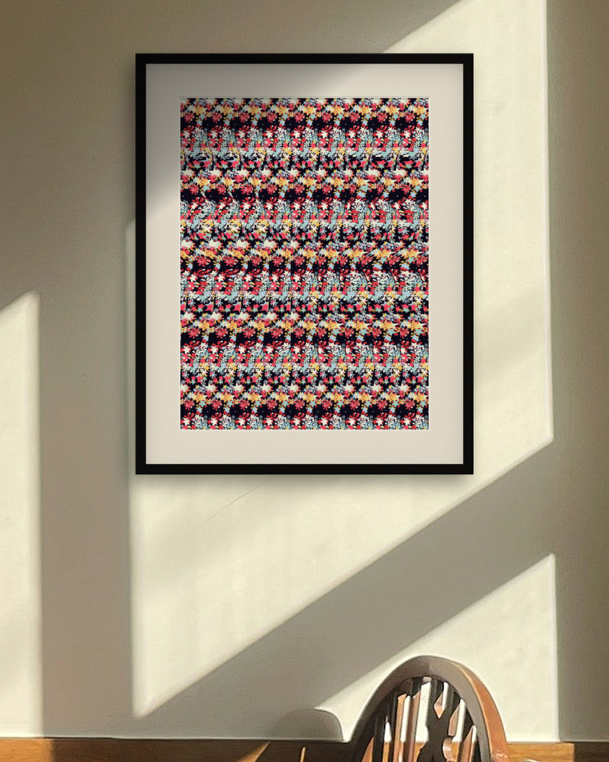 Midnight Reindeer Reveal hidden 3D art print, framed in a sunlit dining nook