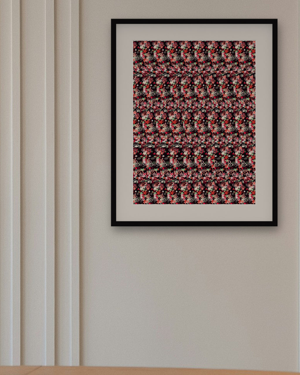 Peppermint Candy Cane Twist hidden 3D art print, framed in a panelled dining room