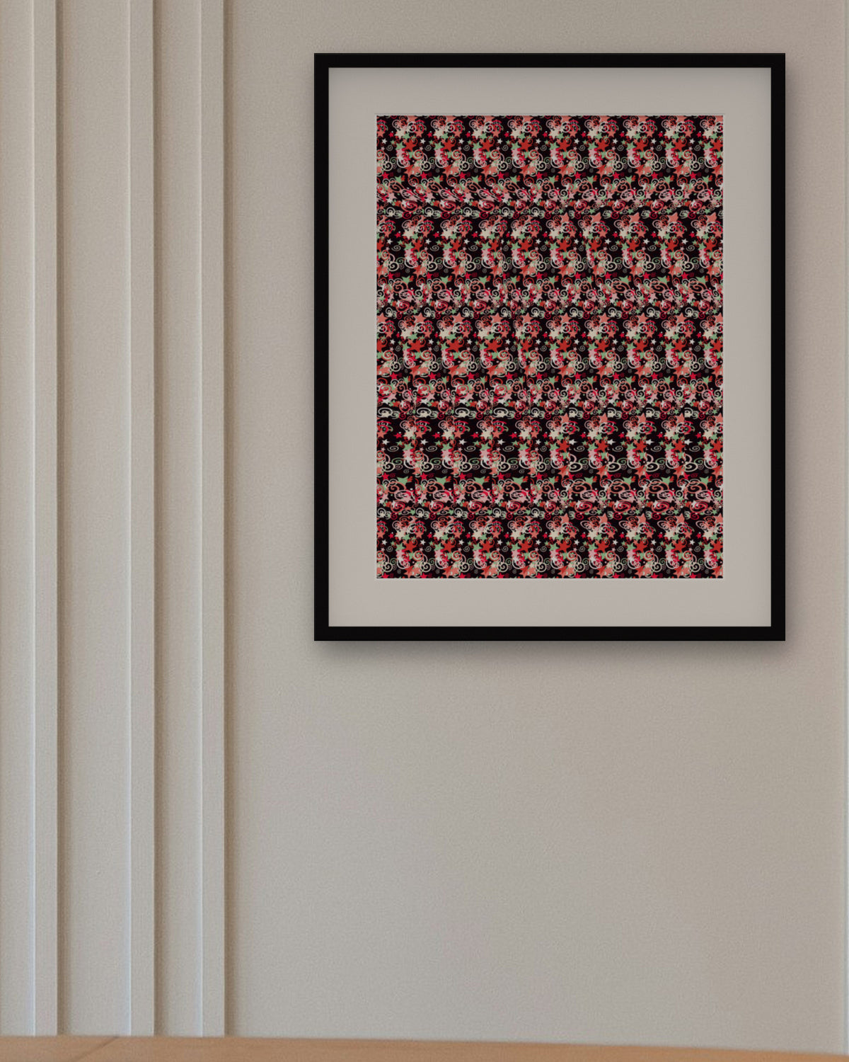 Peppermint Candy Cane Twist hidden 3D art print, framed in a panelled dining room