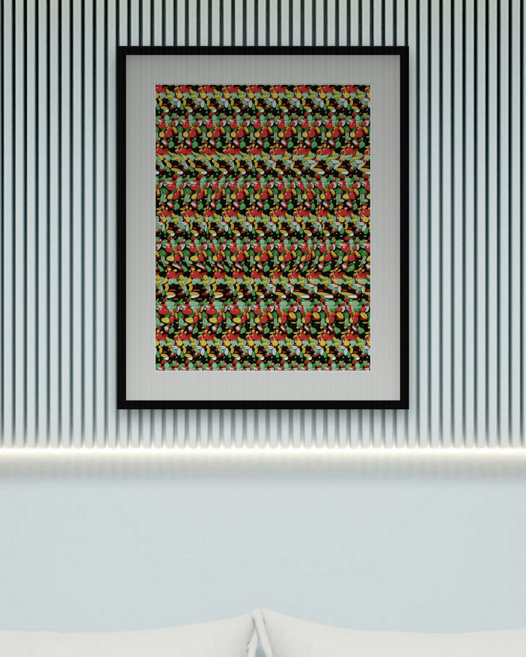 Welcome Wreath Hideaway hidden 3D art print, framed in a calm bedroom
