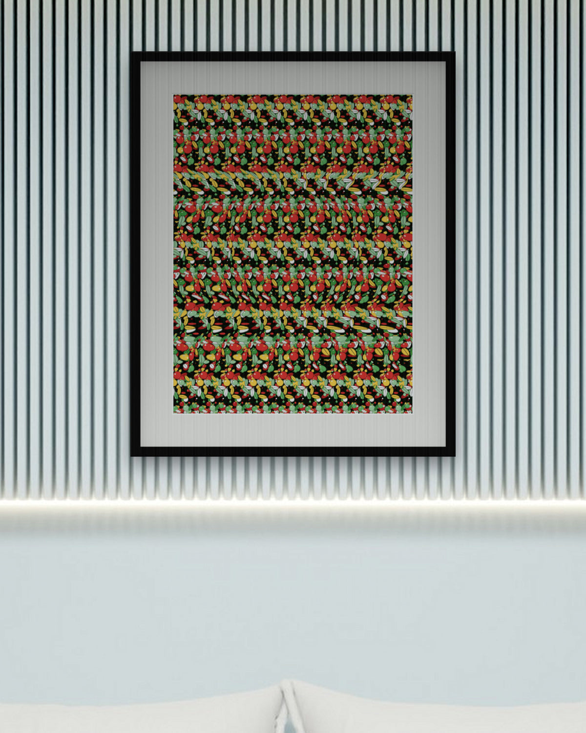 Welcome Wreath Hideaway hidden 3D art print, framed in a calm bedroom