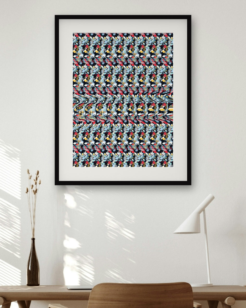 Snow Day Sled Ride hidden 3D art print, framed in a home office