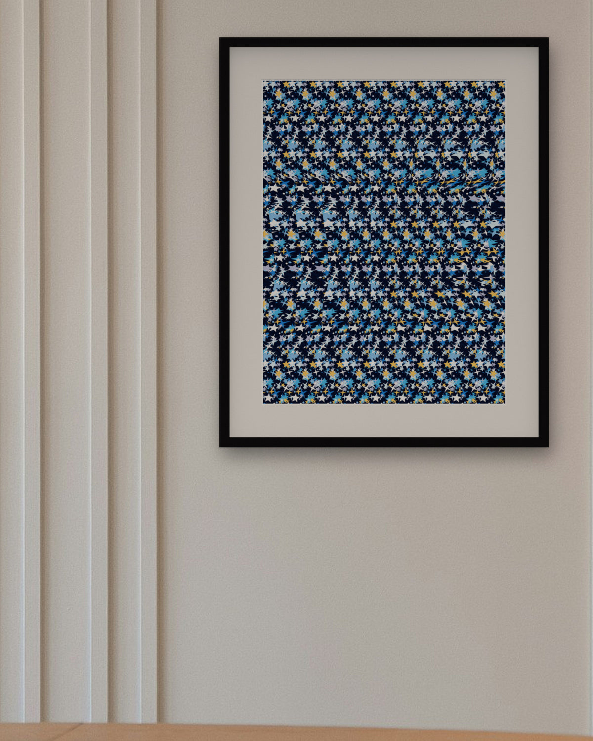 Spinning Dreidel Glow hidden 3D art print, framed in a panelled dining room