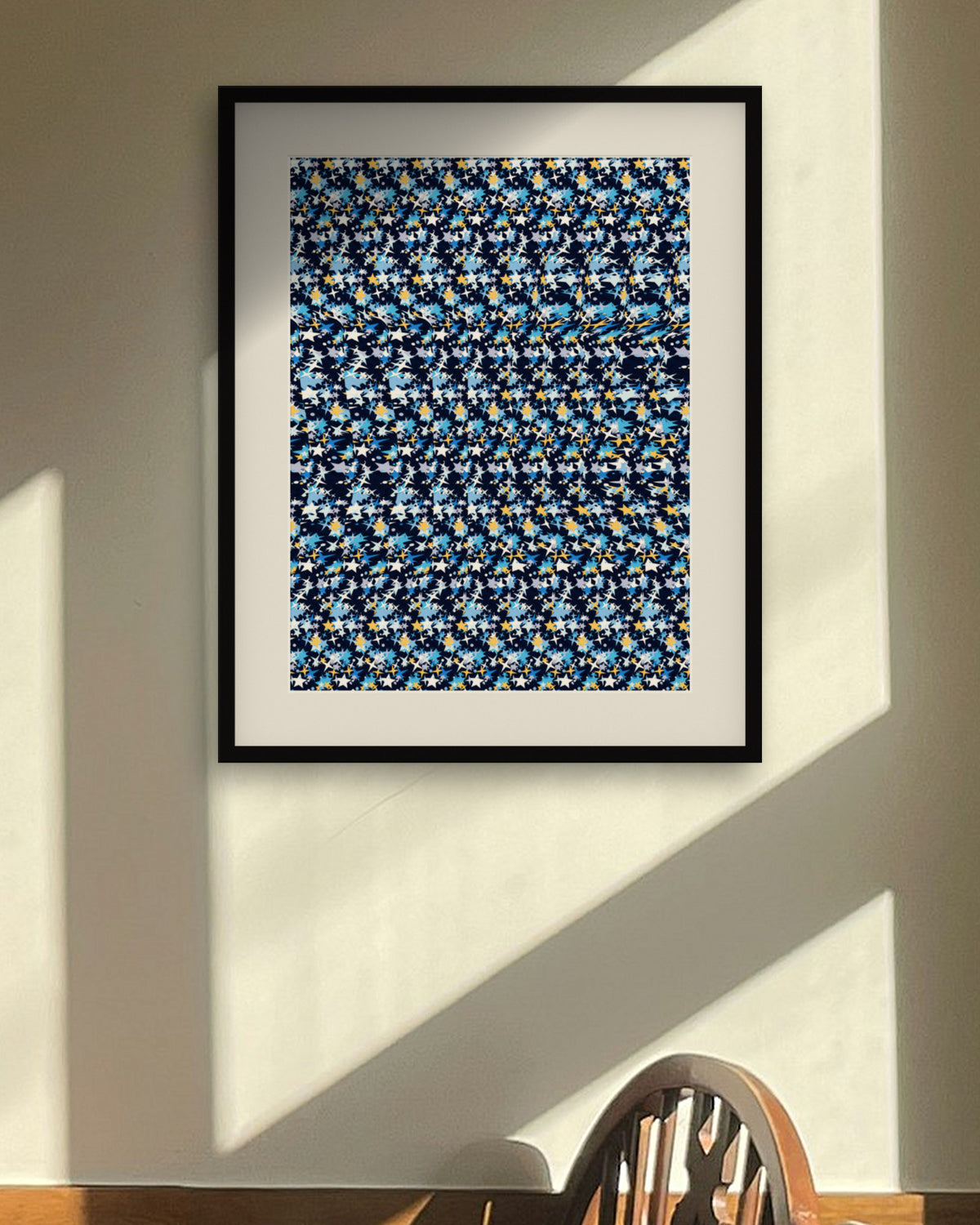 Spinning Dreidel Glow hidden 3D art print, framed in a sunlit dining nook