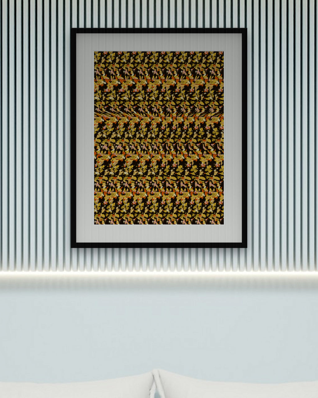 Harvest Pie Slice hidden 3D art print, framed in a calm bedroom