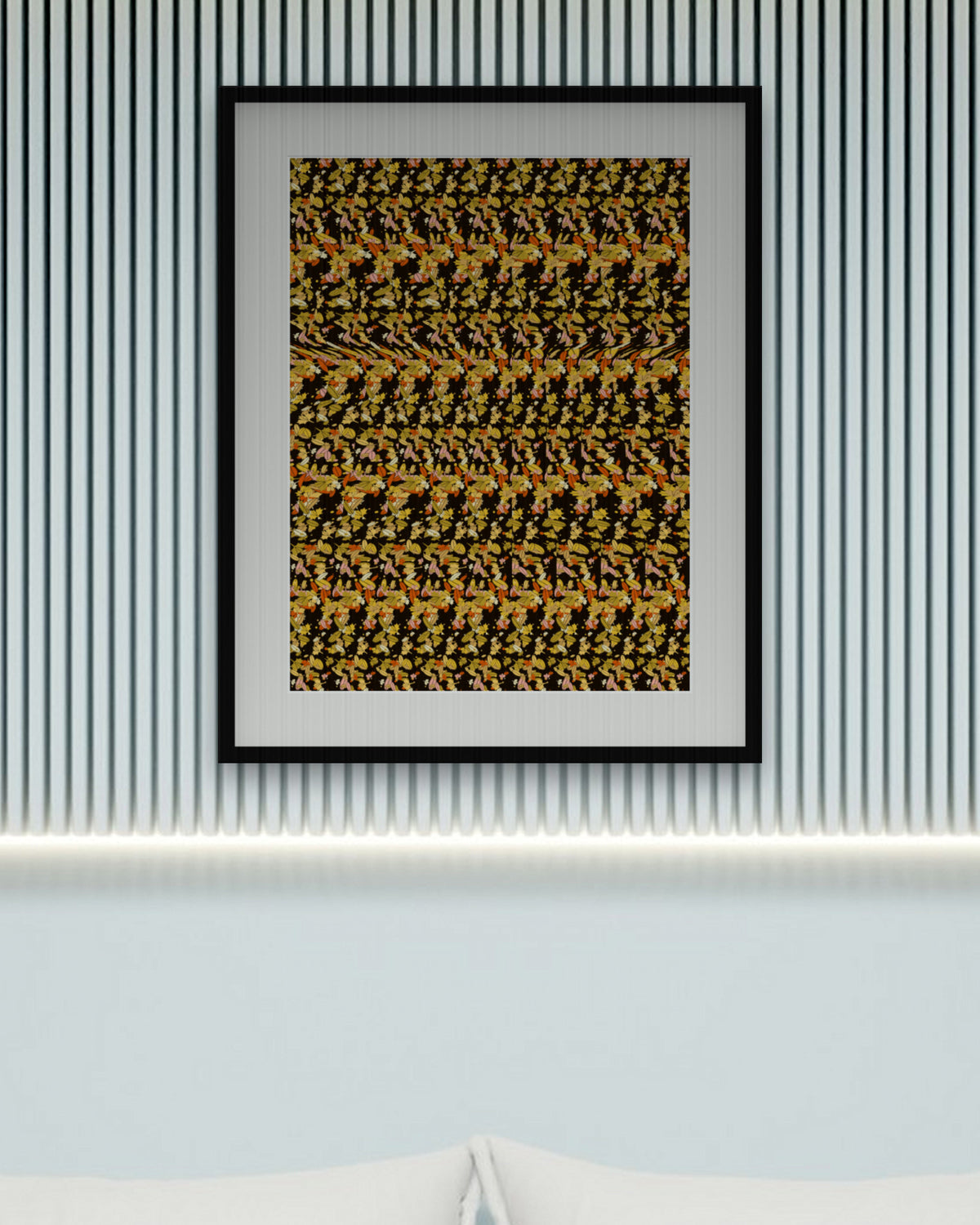 Harvest Pie Slice hidden 3D art print, framed in a calm bedroom