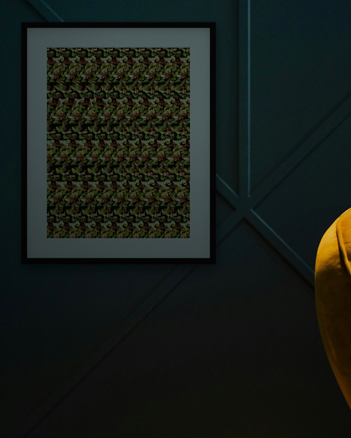 Woodland Pinecone Reveal hidden 3D art print, framed in a dark luxury lounge