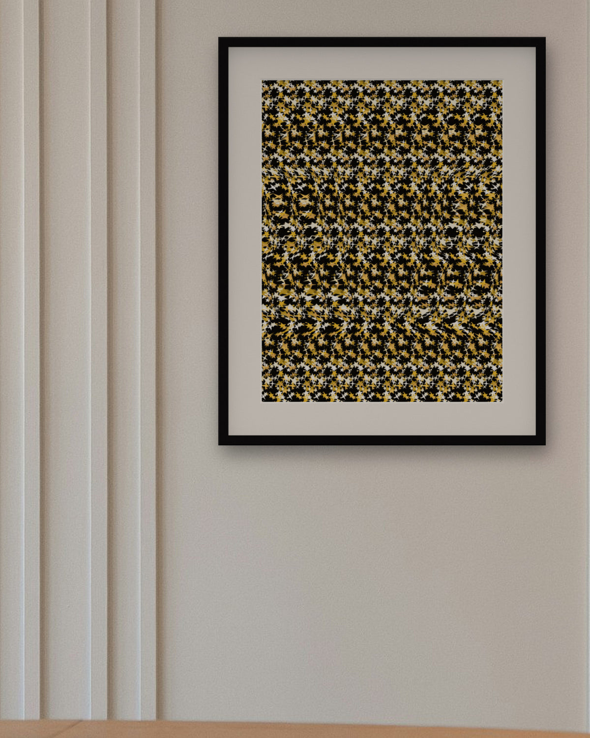Midnight Champagne Toast hidden 3D art print, framed in a panelled dining room