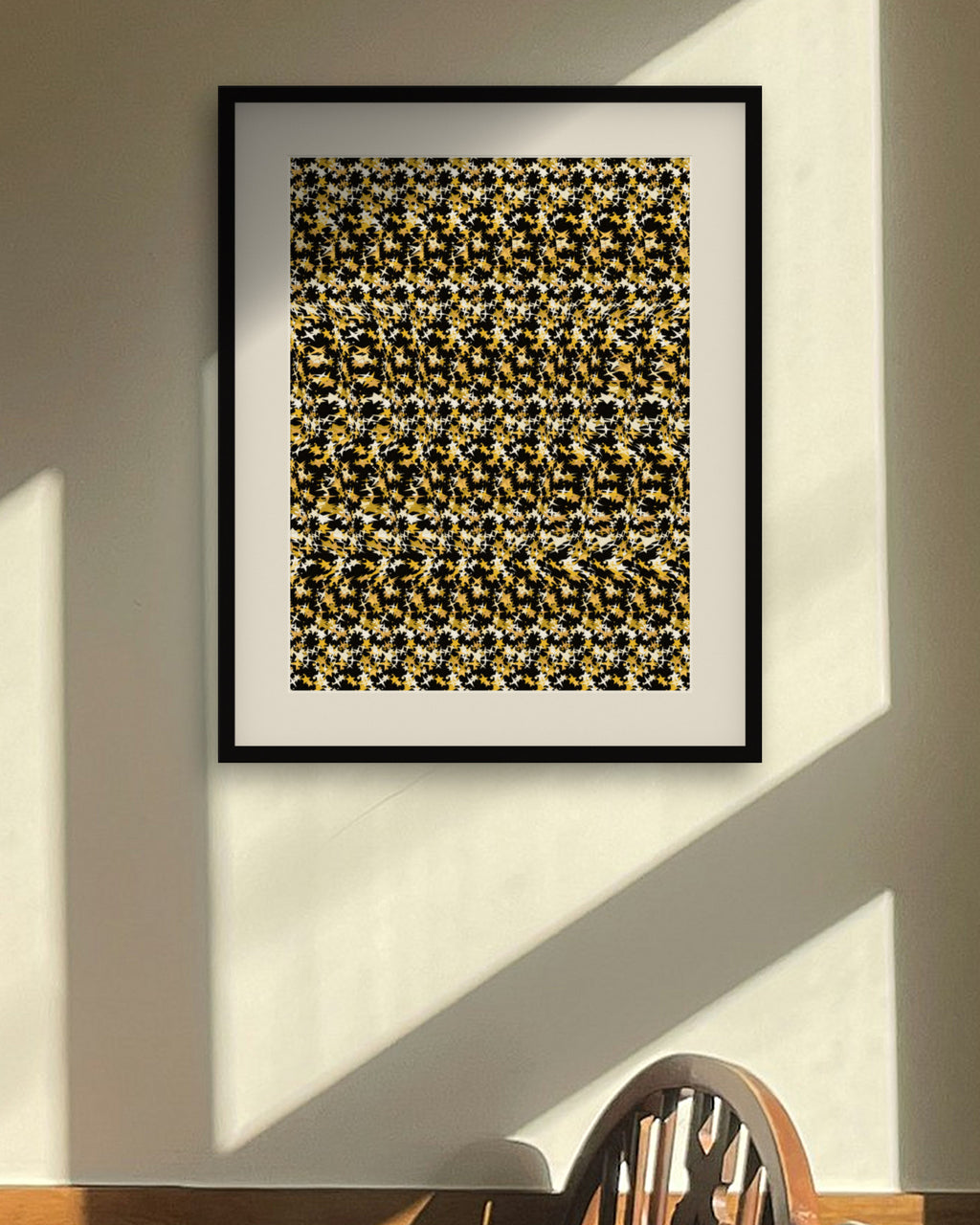Midnight Champagne Toast hidden 3D art print, framed in a sunlit dining nook