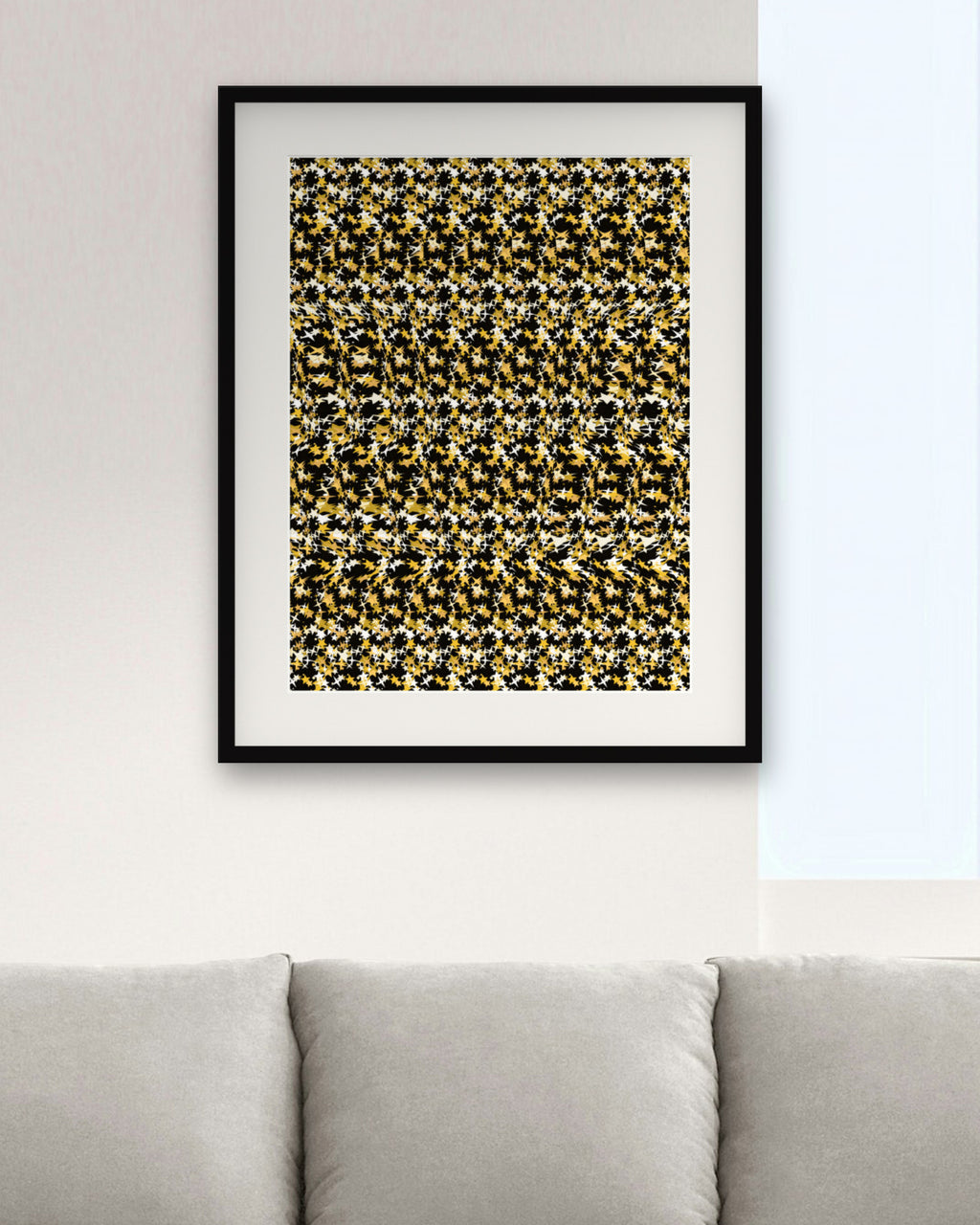 Midnight Champagne Toast hidden 3D art print, framed in a modern living room