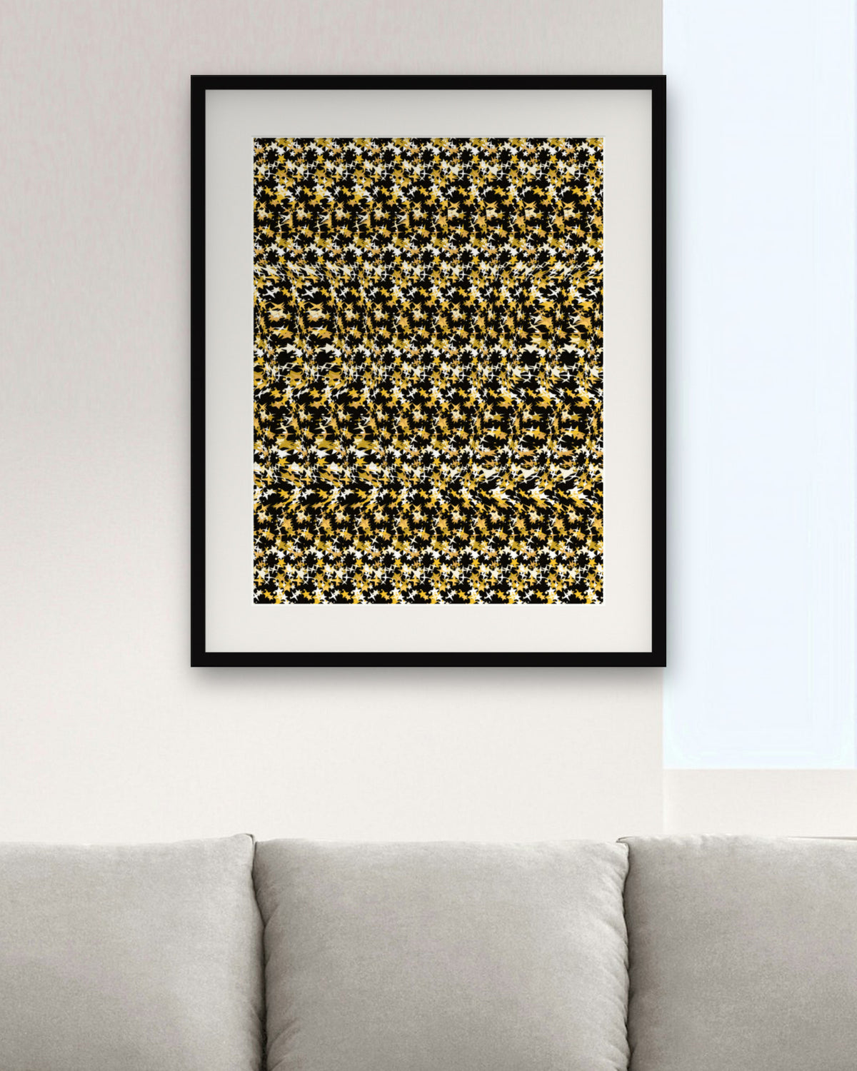 Midnight Champagne Toast hidden 3D art print, framed in a modern living room