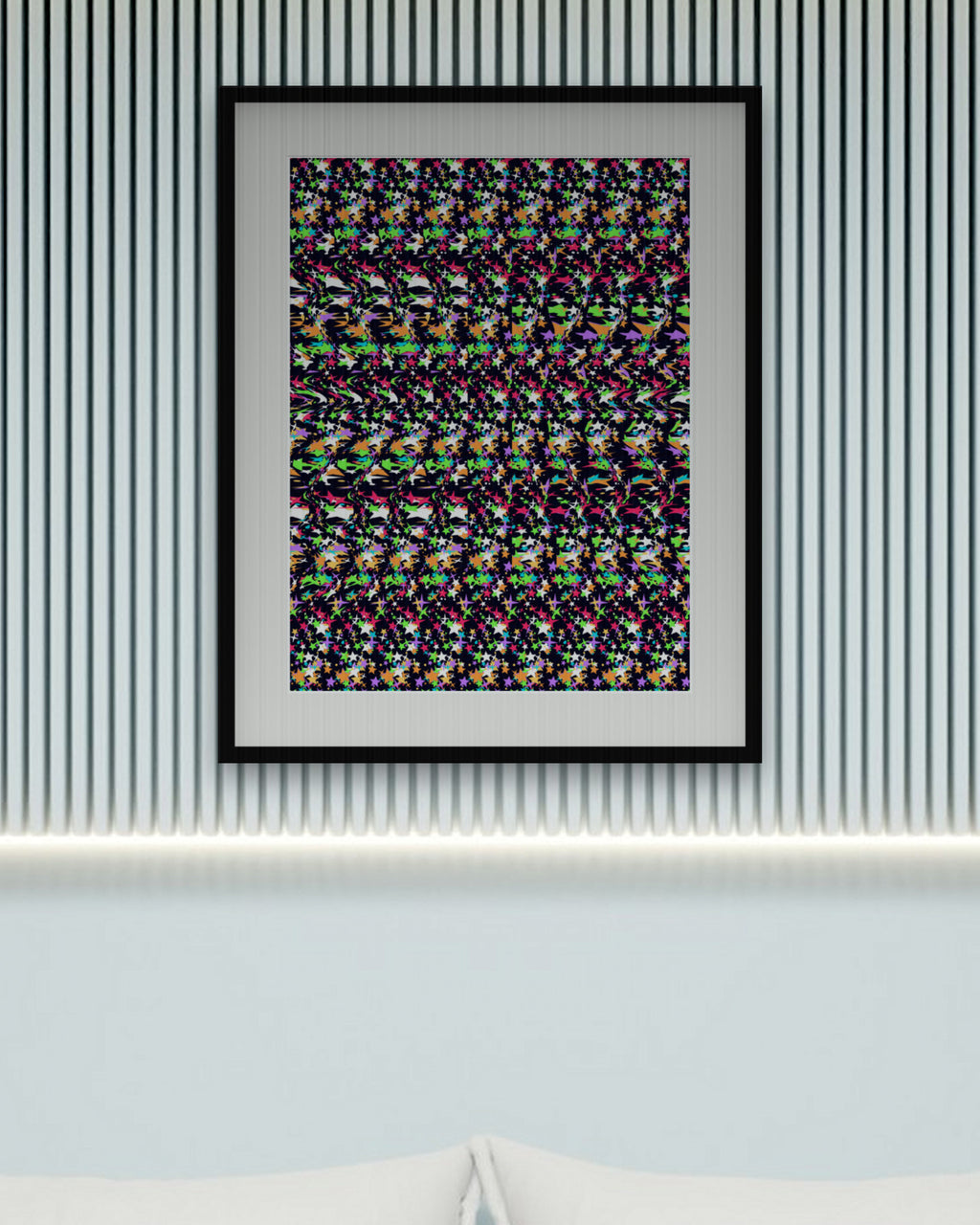 New Year Fireworks Burst hidden 3D art print, framed in a calm bedroom