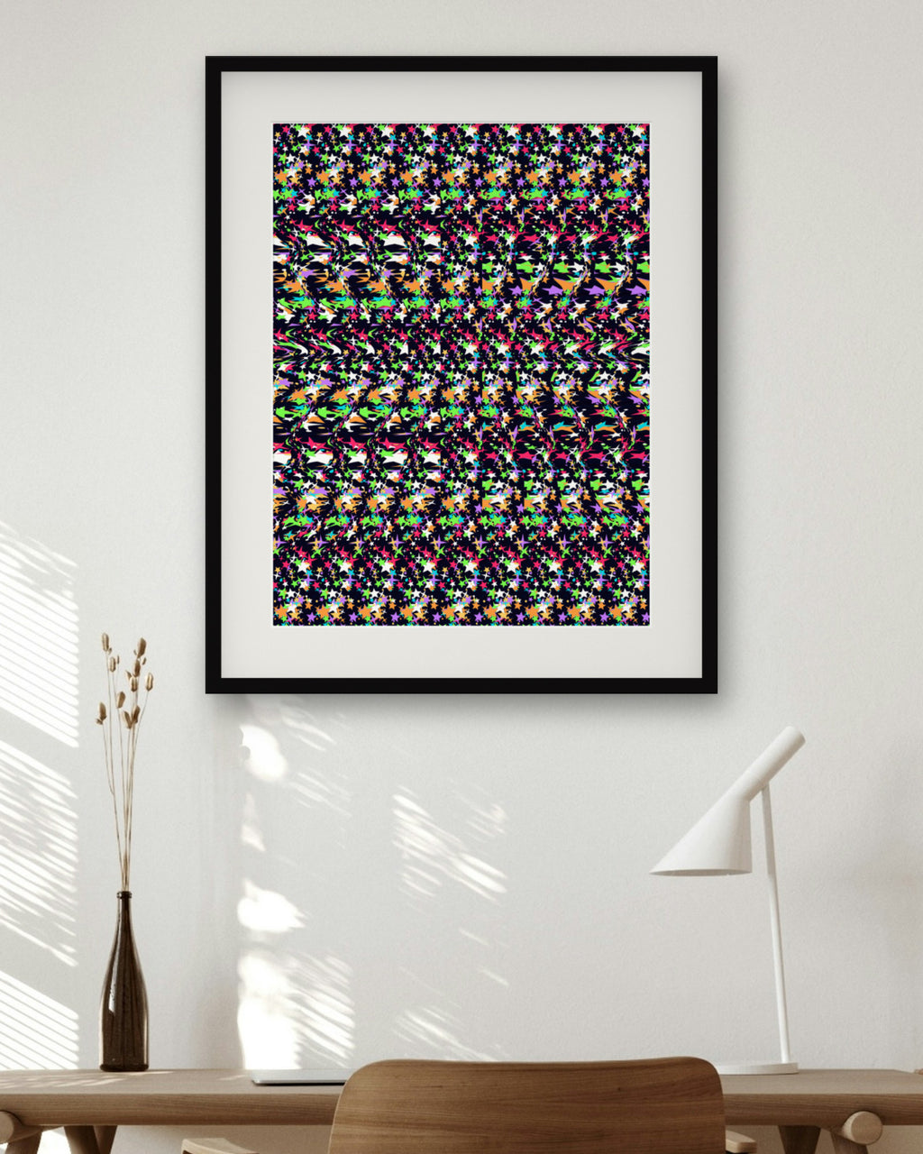 New Year Fireworks Burst hidden 3D art print, framed in a home office