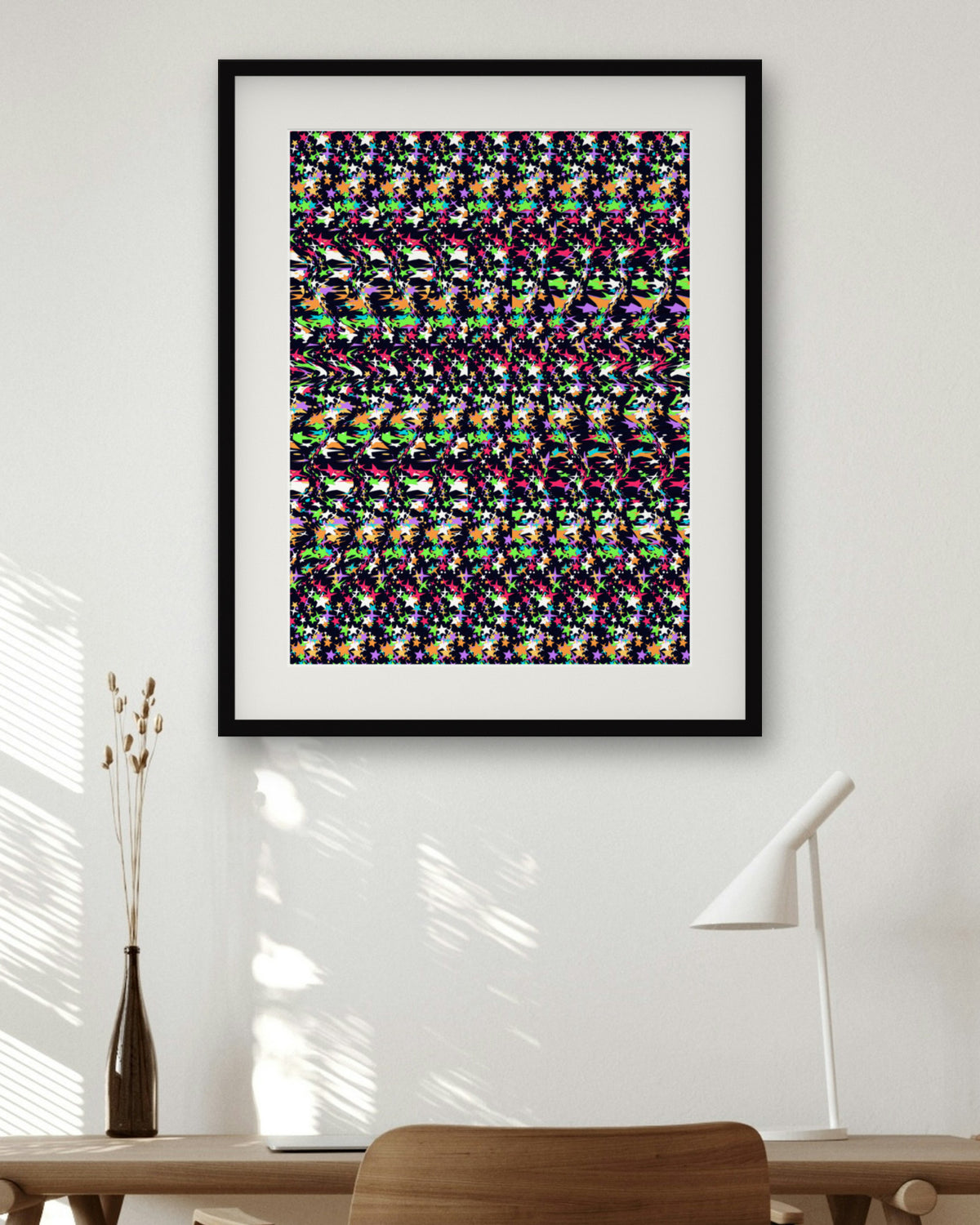 New Year Fireworks Burst hidden 3D art print, framed in a home office
