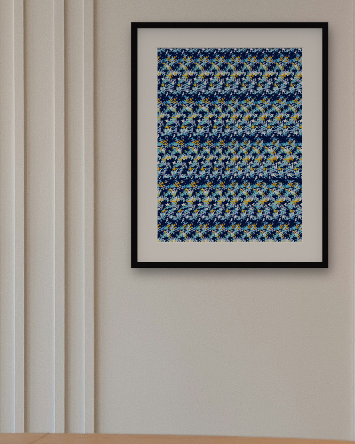 Little Penguin Waddle hidden 3D art print, framed in a panelled dining room