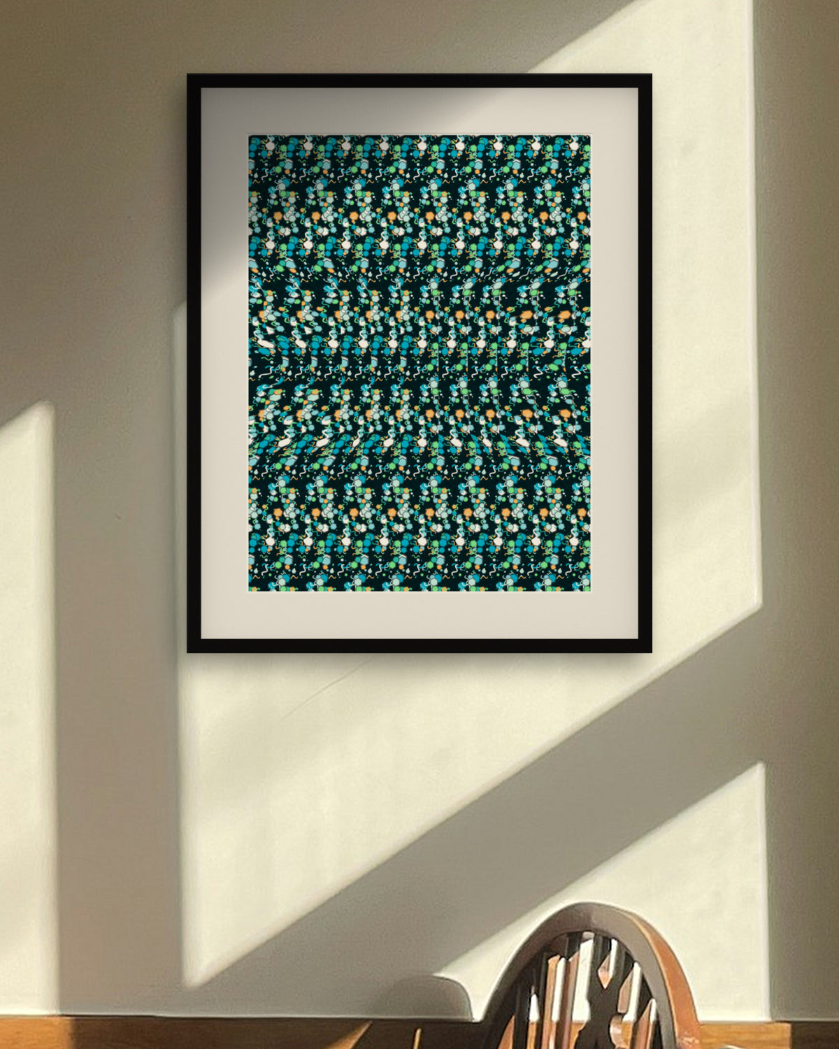 Wise Sea Turtle hidden 3D art print, framed in a sunlit dining nook