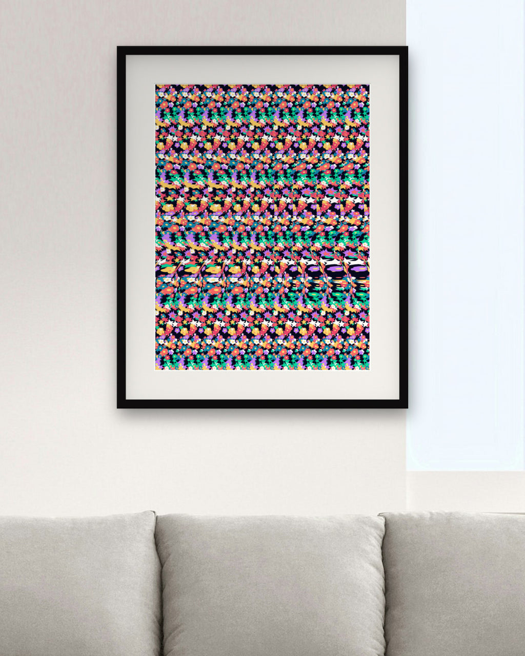Curious Octopus Hideout hidden 3D art print, framed in a modern living room