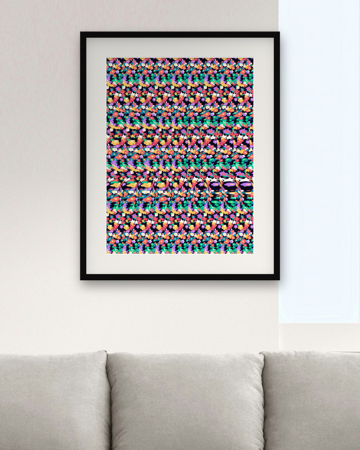 Curious Octopus Hideout hidden 3D art print, framed in a modern living room