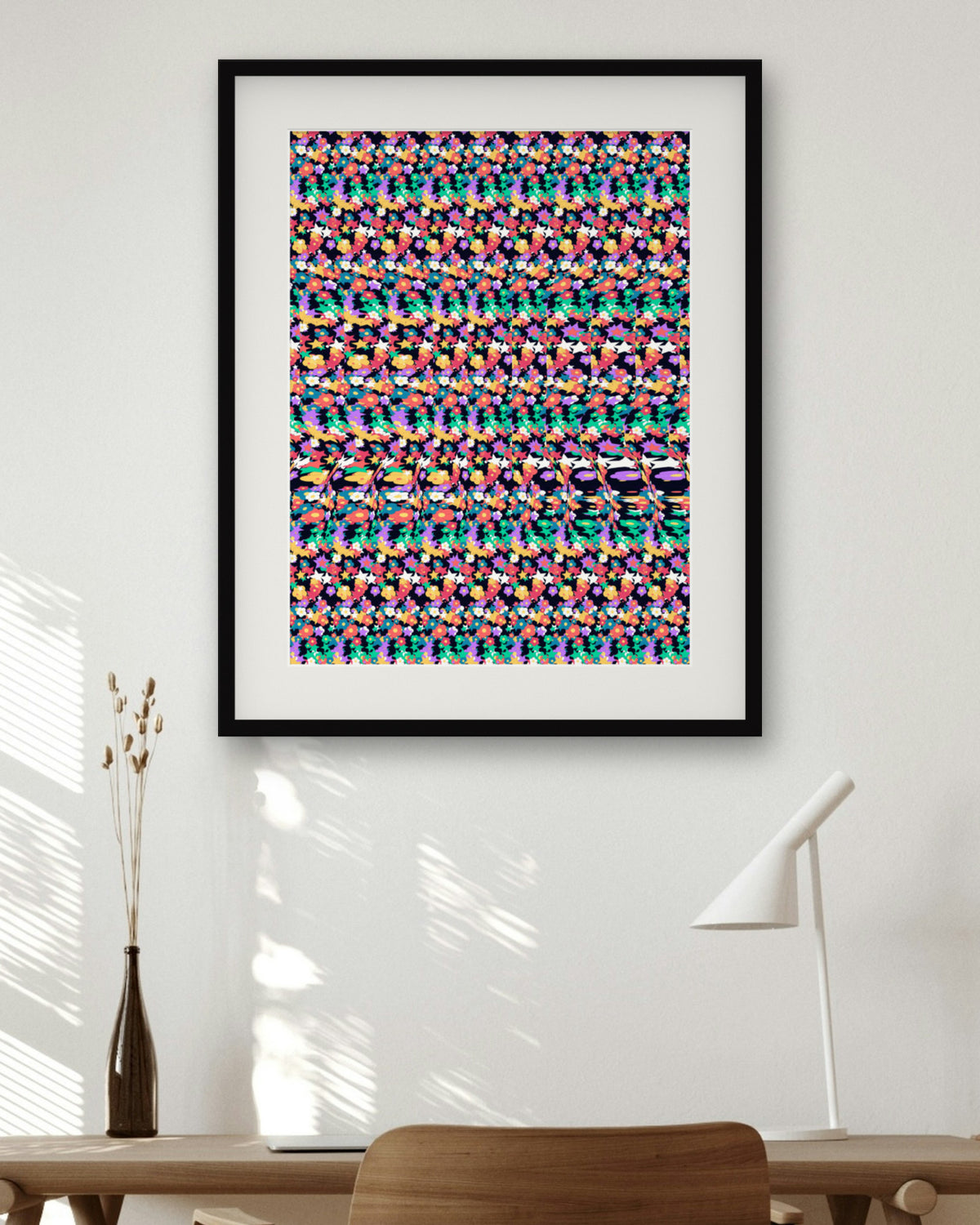 Curious Octopus Hideout hidden 3D art print, framed in a home office