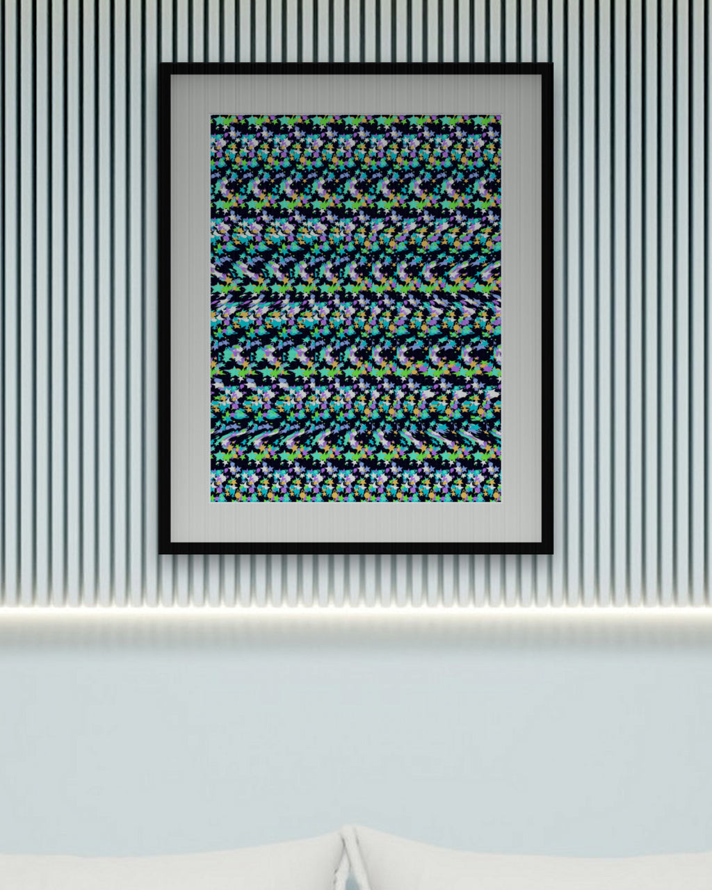 Close Encounter Saucer hidden 3D art print, framed in a calm bedroom